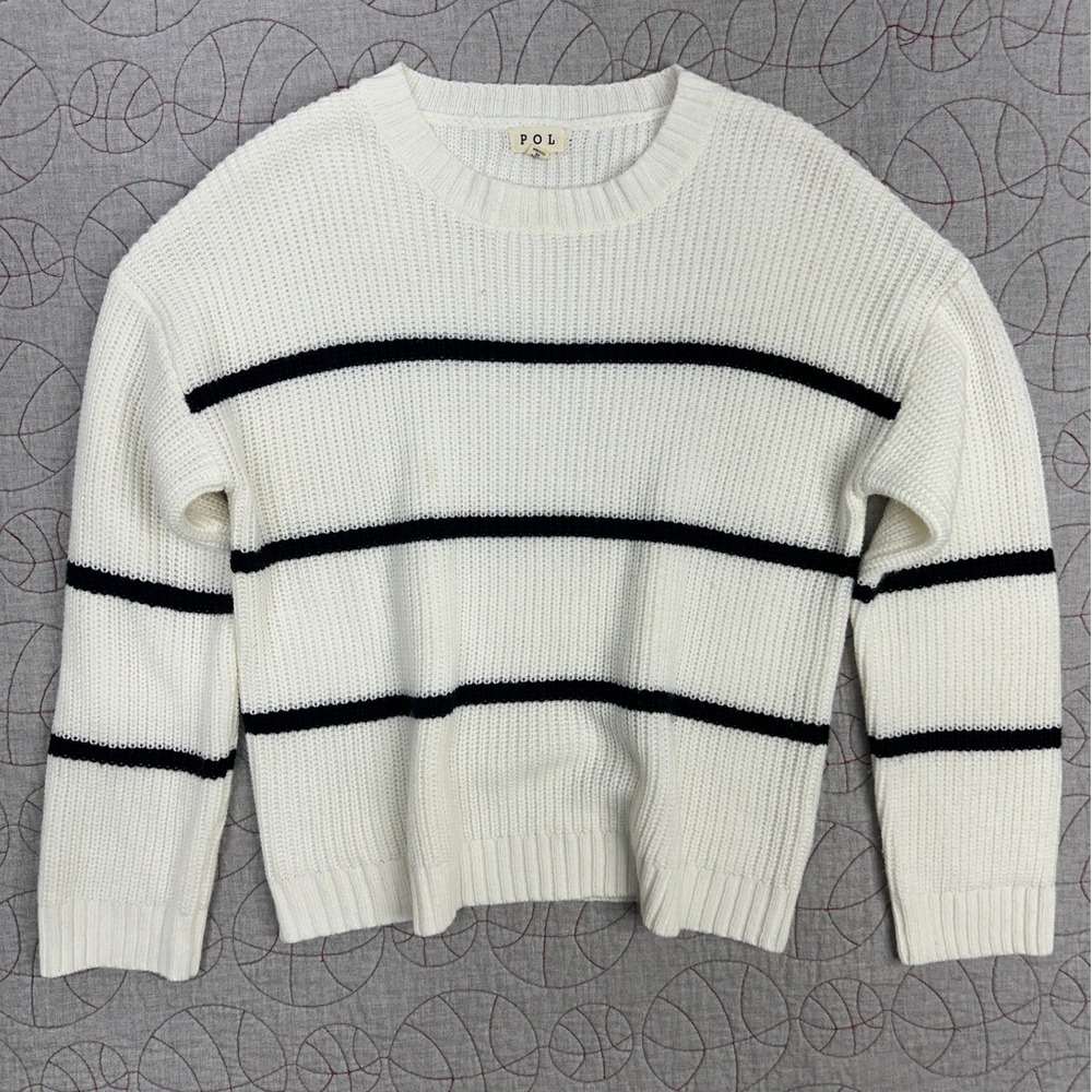 POL Sweater White Black Striped Shaker Knit Crew Neck / Womens Medium